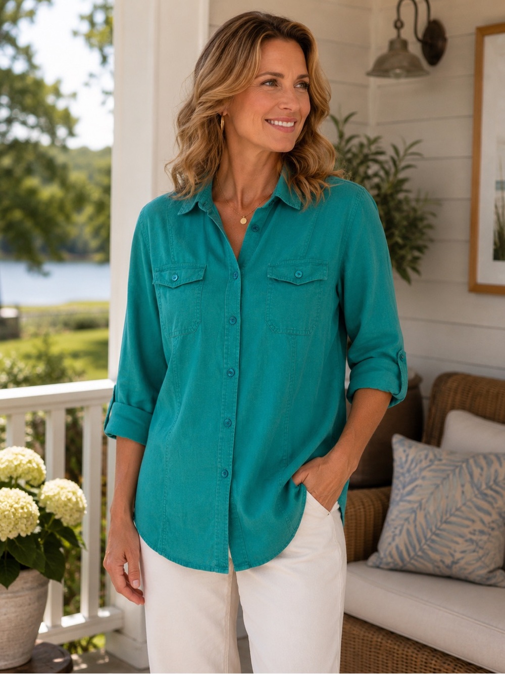 Northern Reflections Tailored Linen Blend Button Front Blouse Green Large